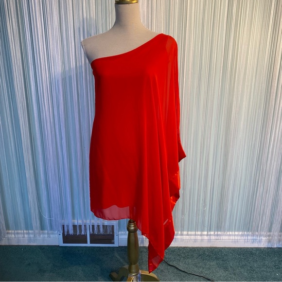 Red One Shoulder Sheer Drape Top - Picture 10 of 17